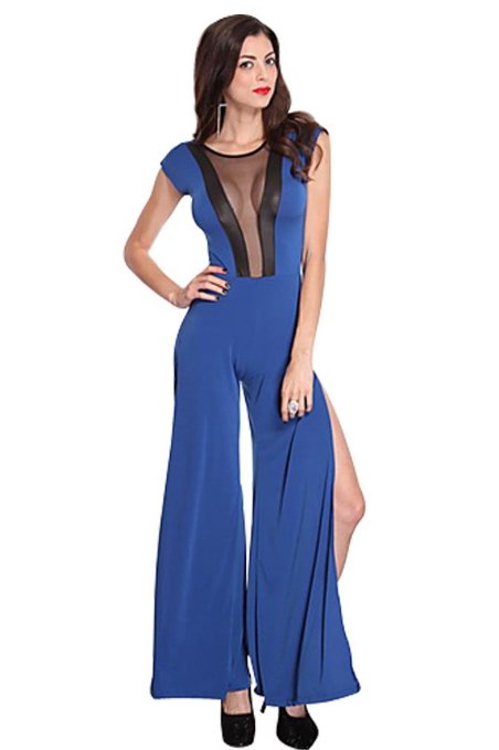 Mesh Cut Out Side Slits Jumper Outfit Blue